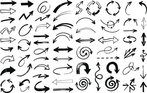 Hand drawn arrows vector illustration featuring various curved and straight black markers pointing in different directions for creative design projects and digital interfaces