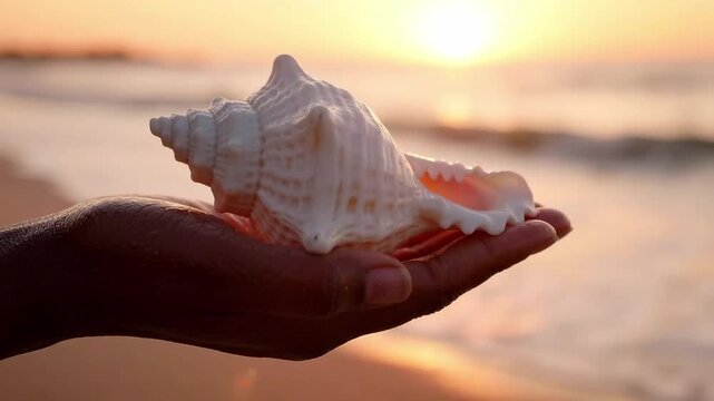 Silhouette of a person holding a white seashell in hand at sunset on the beach
