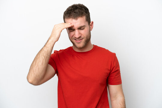 Young caucasian man isolated on white background with tired and sick expression