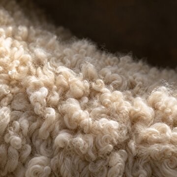Closeup of soft curly natural sheep wool texture with cream curls on dark background, raw fleece fiber detail