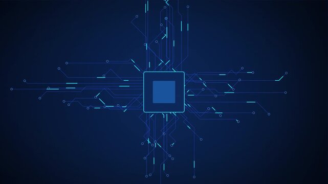 Navy blue CPU chip with glowing circuit board traces. Futuristic microprocessor technology background animation