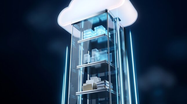 Glass server rack tower with floating digital file icons and folder structures inside glowing cloud portal representing centralized data hosting and secure information management system
