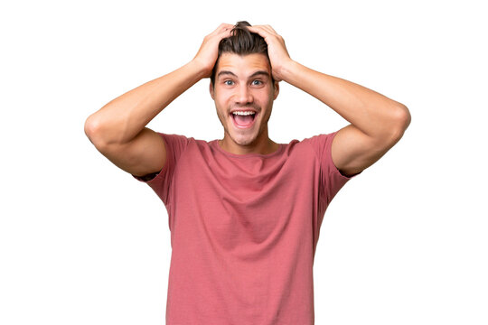 Young handsome caucasian man over isolated background with surprise expression