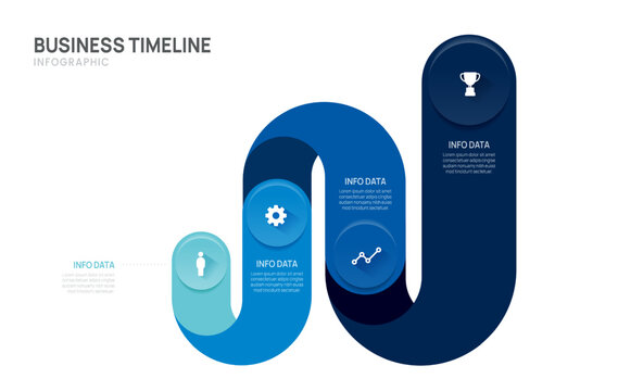 Business timeline infographic with 4 curved steps, growth roadmap  presentation elements vector illustration.