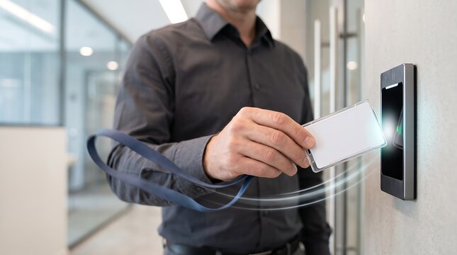 Businessman holding blank id card near electronic door access reader with motion blur effects representing secure entry and office building security management technology concept