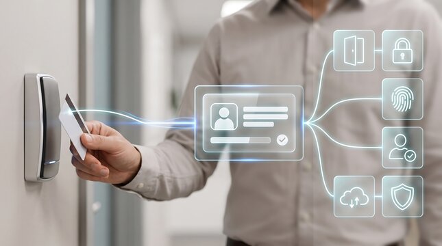 Business professional holding id card against electronic door reader with holographic interface icons showing user profile and security data synchronization for office access