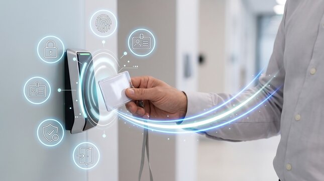 Employee using id badge at electronic access reader with holographic network icons and biometric scanning interface showing secure office building entry and authentication