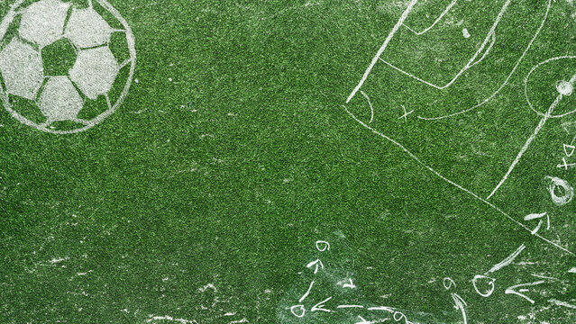Grungy soccer or football design template. well-groomed turf in the stadium and soccer strategy with copy space.