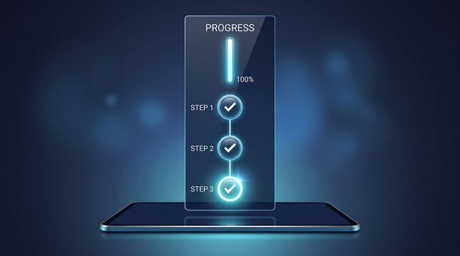 Vertical digital progress bar with three completed steps and glowing checkmarks displayed on a sleek glass tablet surface for professional project tracking and workflow monitoring