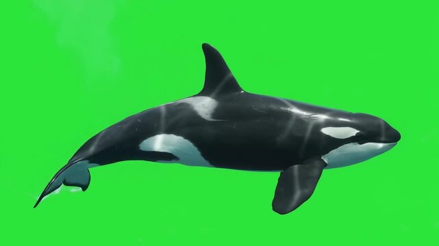 Orca Heavy, rhythmic marine propulsion in place, with the massive dorsal fin slicing up and down, visible blowhole exhalations, and undulating tail.