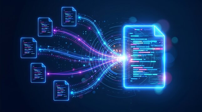 Automated document synchronization and big data pipeline with glowing binary streams merging multiple source files into one master digital record