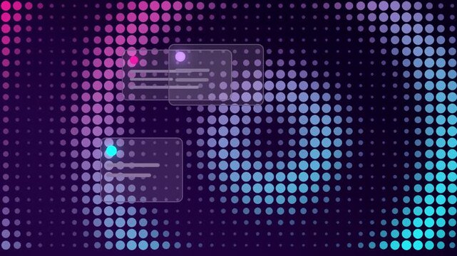 Dot grid wave with glass ui cards in neon magenta and cyan tones, clean seamless looping Full HD motion graphic background for students and teachers