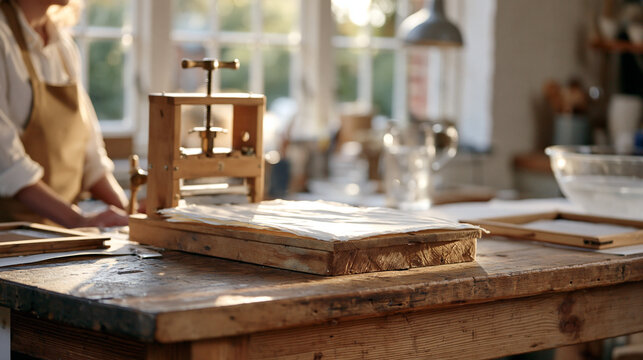 Wooden paper press holding a blank warm-white sheet