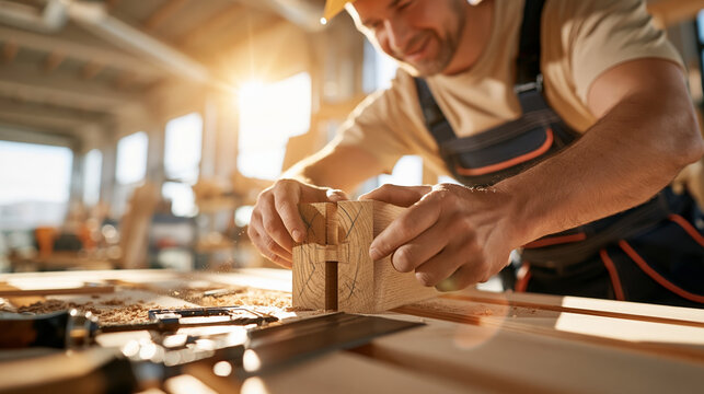 Carpenter fitting a wooden joint on a sunlit workbench