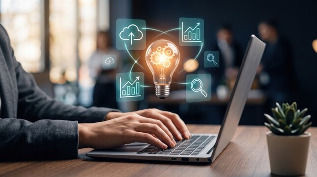 Innovative business idea light bulb icon hologram, professional typing on laptop computer keyboard, digital technology growth and strategic solution concept