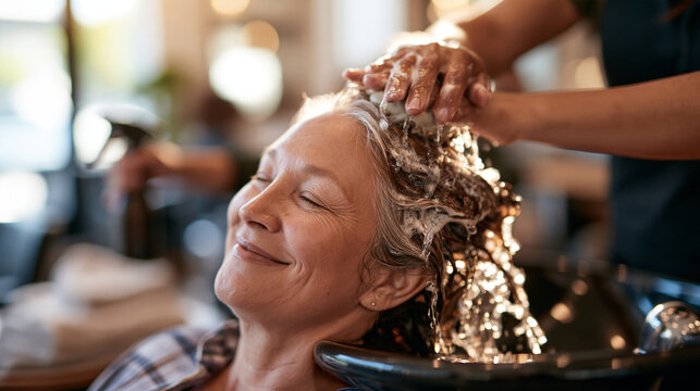 Stylist massaging shampoo into adult client's wet scalp