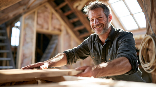 Adult homeowner fitting a plain wooden desktop