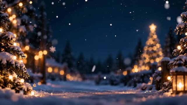 Snowy Christmas night with glowing golden bokeh lights, lit Christmas tree and lantern, falling snowflakes, winter holiday background