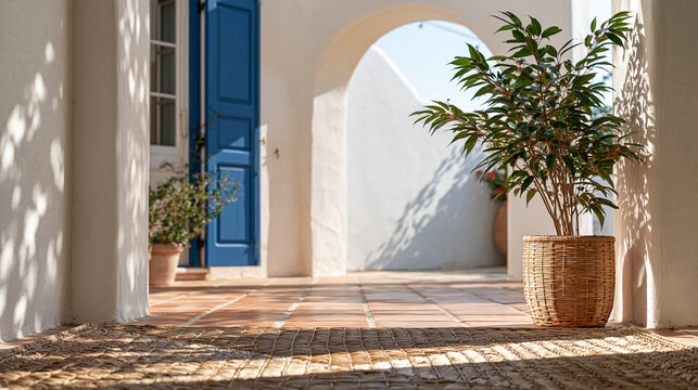 Terracotta tiles and woven reed mat framing outer edges