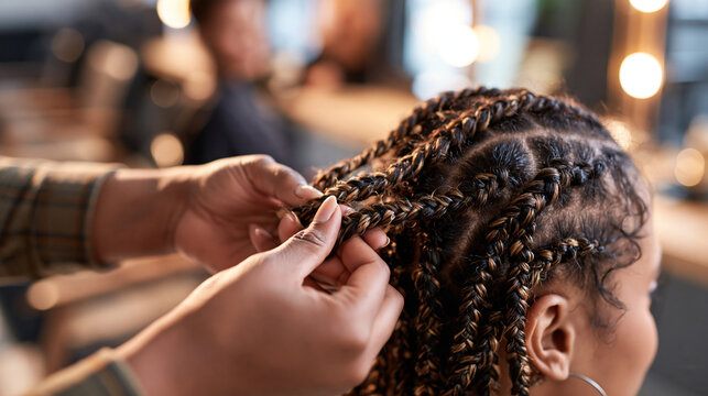 Stylist separating three sections of client's hair