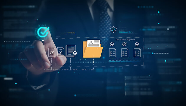 Businessman interacting with digital document approval process workflow on holographic interface transparent background