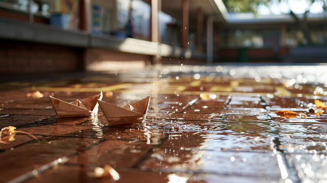 Two folded paper boats floating in a shallow rain puddle