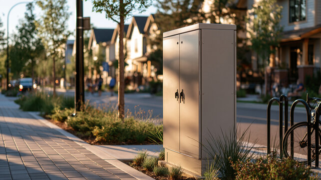 Unbranded communications cabinet beside paved surface