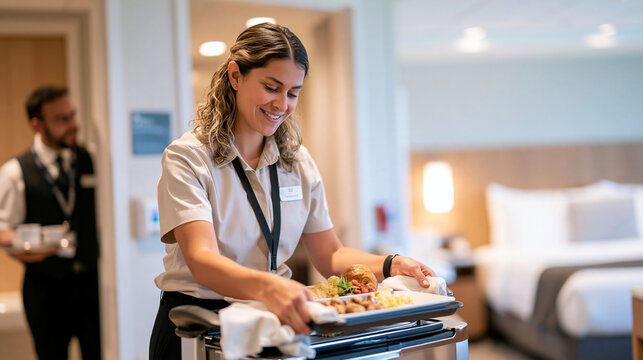 Adult trainee loading a breakfast tray onto adjustable-height equipment