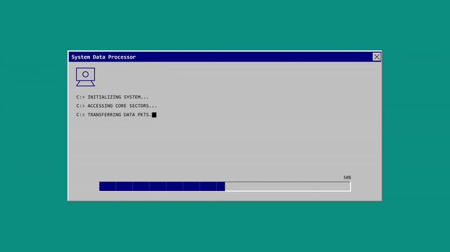 Retro application running animation inspired by classic 1990s computer interfaces, featuring a vintage software window, pixel-style graphics, and nostalgic desktop aesthetics on a black background. Id