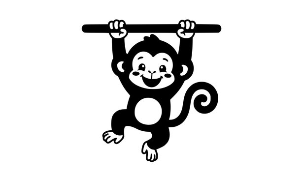 Cute Cartoon Monkey Hanging from Bar with Happy Expression Vector Illustration