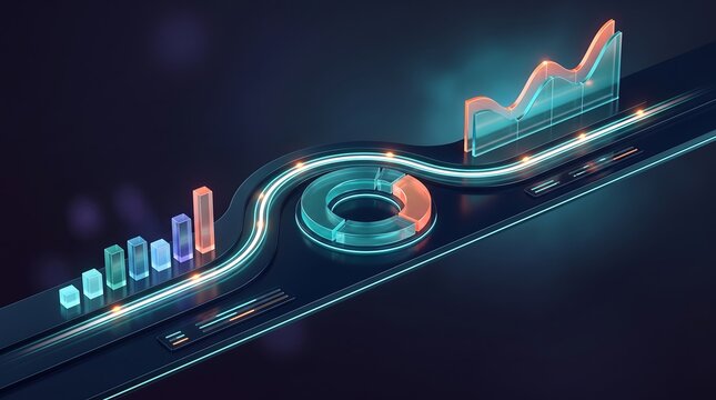 Interactive data dashboard with glowing line graphs and floating bar charts connected by neon pathways representing seamless business intelligence and information flow analysis