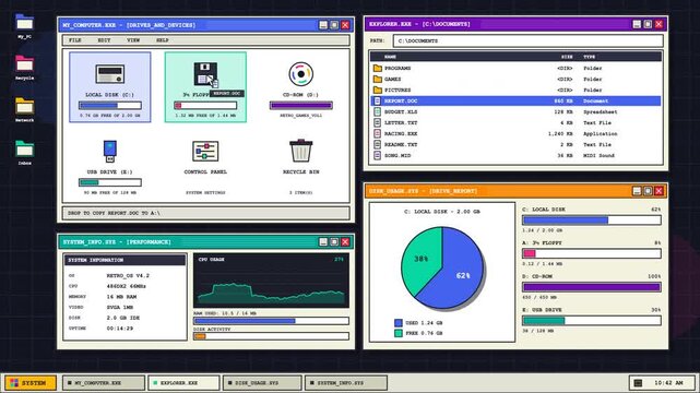 Retro Vintage Computer Operating System UI Desktop Interface Animation