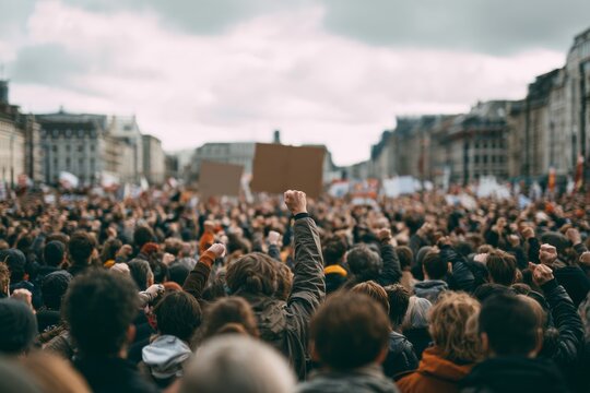 Crowd gathers in a city square as a person raises a fist during a public demonstration