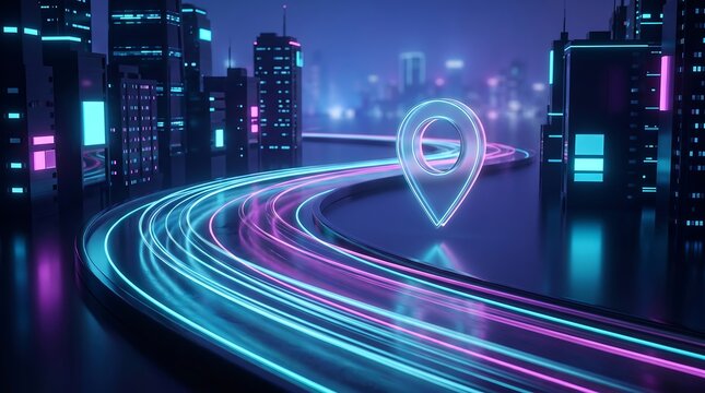 Glowing neon location pin floating above digital highway path winding through futuristic smart city skyline at night representing business growth roadmap and navigation toward corporate success