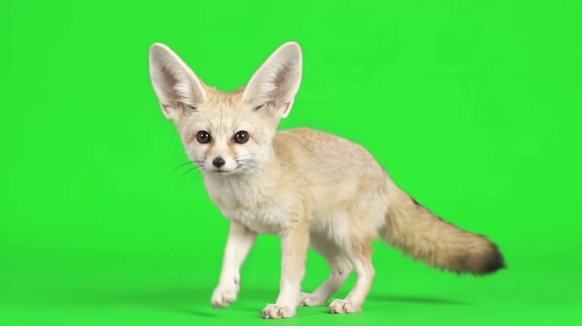 Fennec Fox High-alert, delicate skittering in place with oversized parabolic ears pivoting independently, twitching whiskers, and a low bushy tail sweeping.