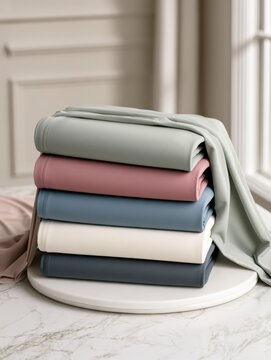Five yoga pants and activewear leggings in sage green, dusty rose, slate blue, cream, and charcoal are neatly stacked on a clean marble surface.