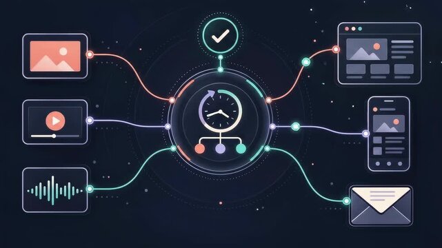 Digital media workflow animation with content distribution icons and central clock