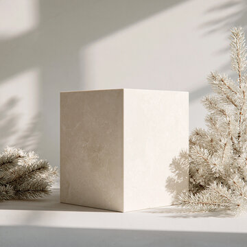 White stone cube podium framed by frosted winter evergreen branches