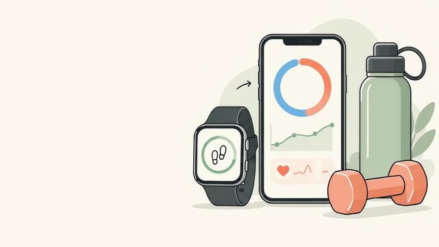 Fitness progress tracking animation with smartwatch smartphone water bottle and dumbbell