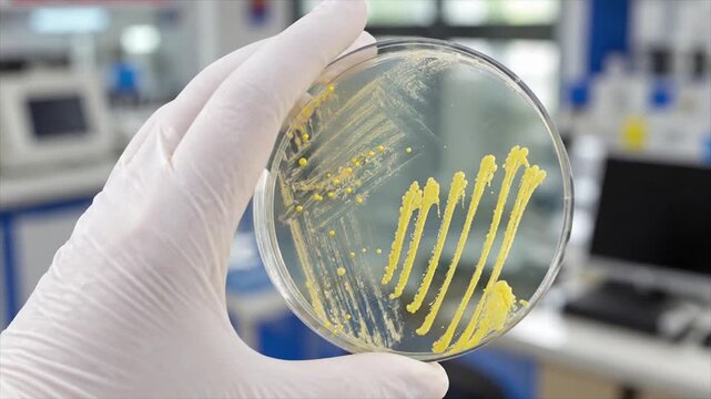 Gloved hand holding a Petri dish with yellow pigmented colonies and streak culture in a laboratory, conceptual microbiology animation.