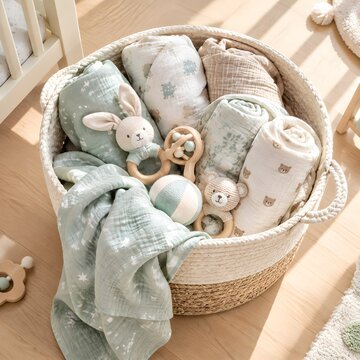 Open woven cotton rope storage basket overflowing with fresh newborn swaddle blankets and soft rattles on a light floor