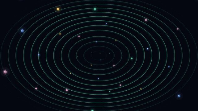 Abstract futuristic radar screen with glowing orbital rings and colorful particle planets. Technological data visualization background, seamless loop.
