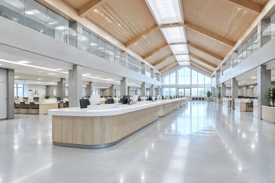 Interior of empty municipal services hall with elongated double sided reception desk and contemporary government administration architecture
