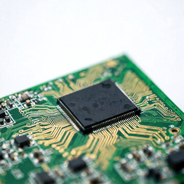 Vehicle microcontroller chip on a circuit board with tiny components, automotive computing hardware