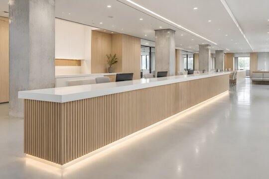 Modern civic information counter featuring vertical oak wood slats and a minimalist white stone service desk surface