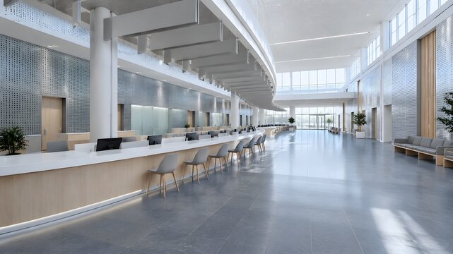 Municipal civil registration hall interior featuring an elongated curved quartz inquiry desk in an expansive empty civic building
