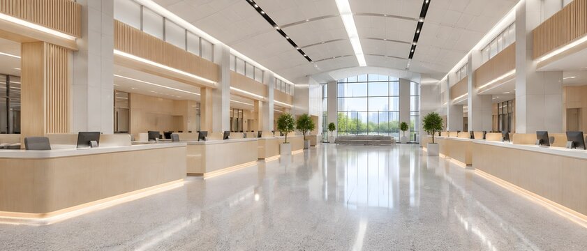Empty municipal hall reception featuring elongated solid ash wood clerk stations and arches