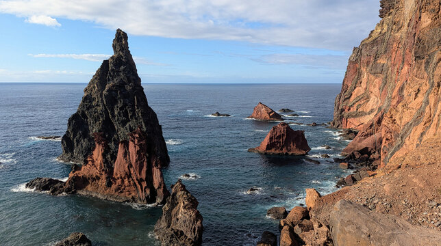 Volcanic sea stacks and red cliffs rising from the Atlantic Ocean at Miradouro de S&atilde;o Louren&ccedil;o, Ponta de S&atilde;o Louren&ccedil;o, Madeira, Portugal