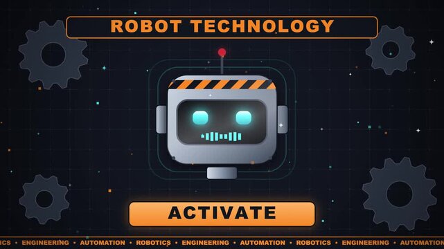 Futuristic robot technology interface with glowing eyes and activate button