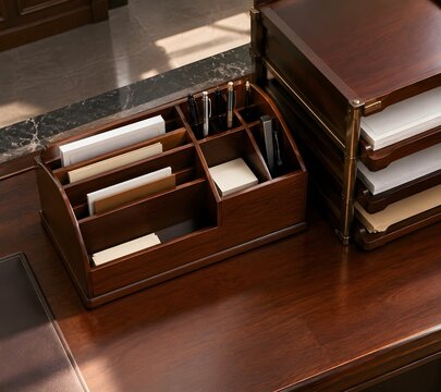 Wooden desktop caddy with multiple divided slots and pen compartments resting beside stacked document trays